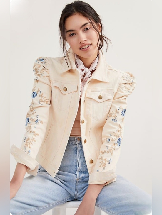 DRIFTWOOD Jackets & Blazers - Driftwood Gigi Cream Embroidered Floral Denim Jacket Medium Western Festival